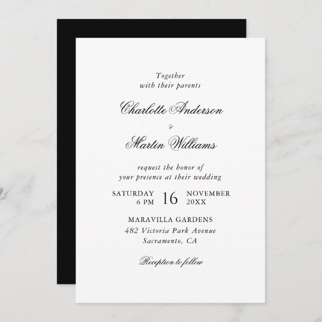 Convite Elegant Script Black and White Wedding (Frente/Verso)