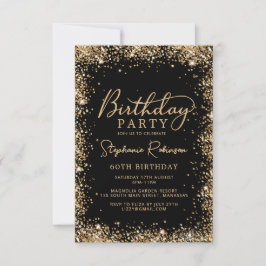 Convite Elegant Script Black Gold Glitter 60th Birthday