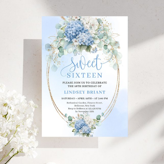 Convite Elegant Script Blue Hydrangea Gold Sweet Sixteen (Elegant Script Blue Hydrangea Gold Sweet Sixteen)