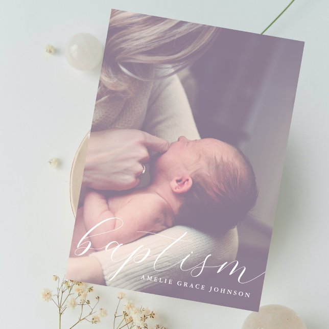 Convite Elegant Script Hazy Photo Simple Baptism (Criador carregado)