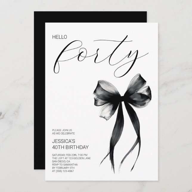 Convite Elegant Script Hello Forty Bow 40th Birthday Party (Frente/Verso)