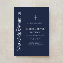 Convite Elegant Script Navy Blue Boy First Communion