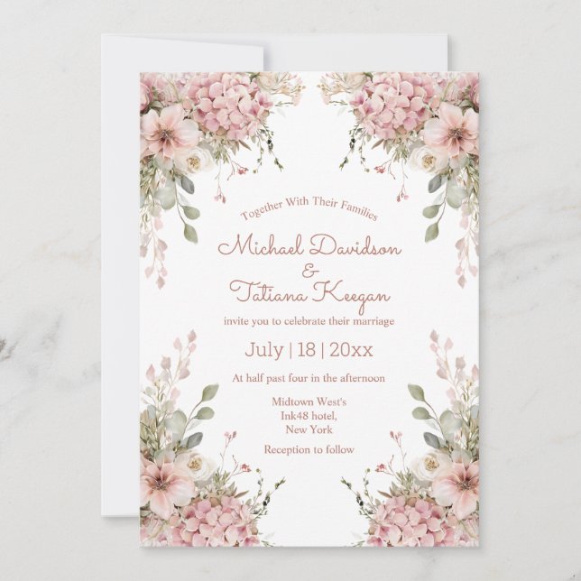 Convite elegant script pink floral garden modern wedding (Frente)