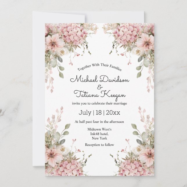 Convite elegant script pink floral minimal modern wedding (Frente)