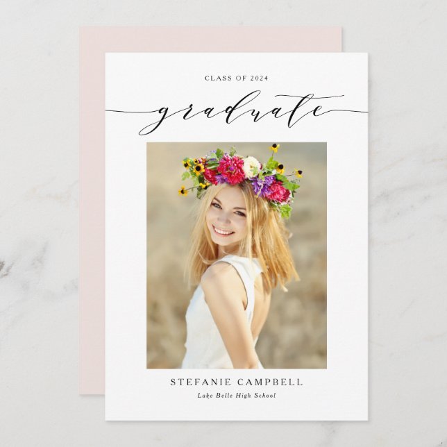 Convite Elegant Script Pink Photo Graduation Party (Frente/Verso)