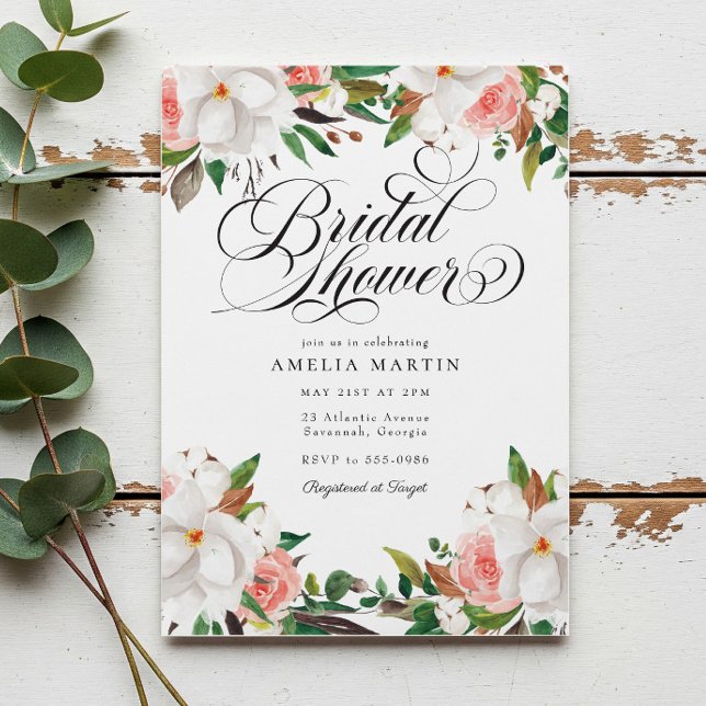 Convite Elegant Script Pink White Floral Bridal Shower (Criador carregado)