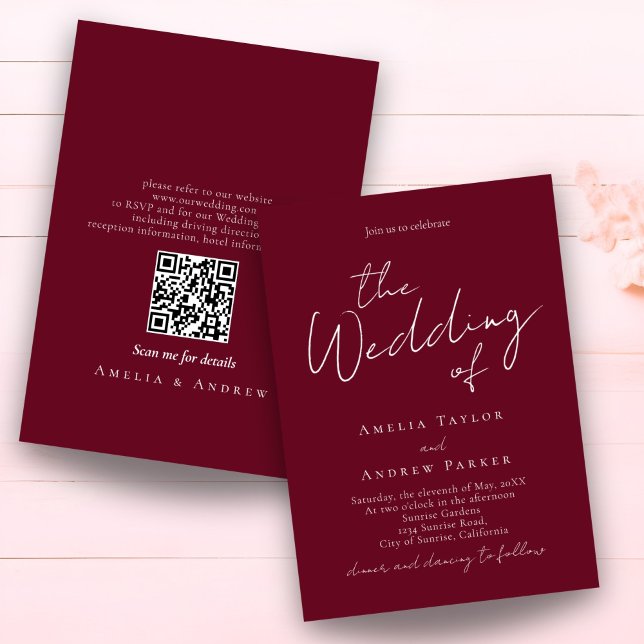 Convite Elegant Script QR Code Burgundy White Wedding (Criador carregado)