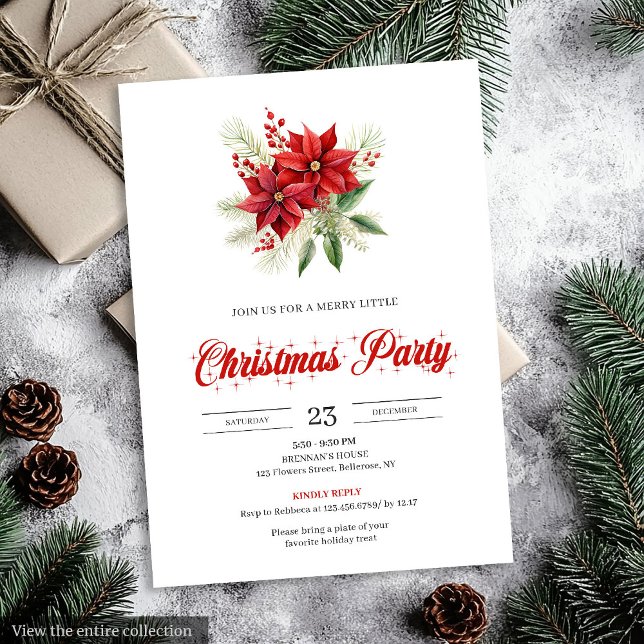 Convite Elegant Script Red White Poinsettia Christmas  (Elegant Script Red White Poinsettia Christmas Invitation)