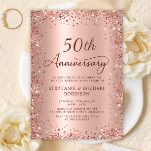 Convite Elegant Script Rosa Dourado 50º Aniversário de Cas