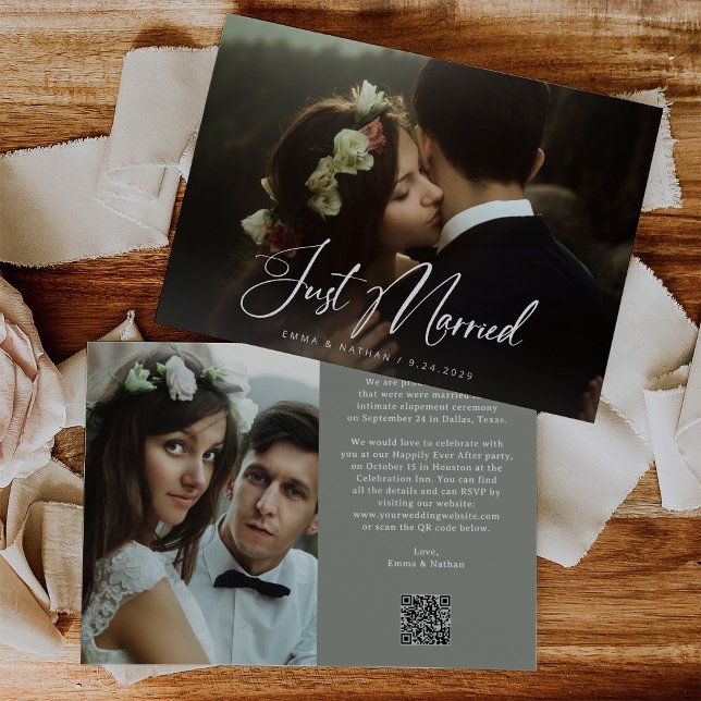 Convite Elegant Script Sage Green | QR Code Just Married (Criador carregado)