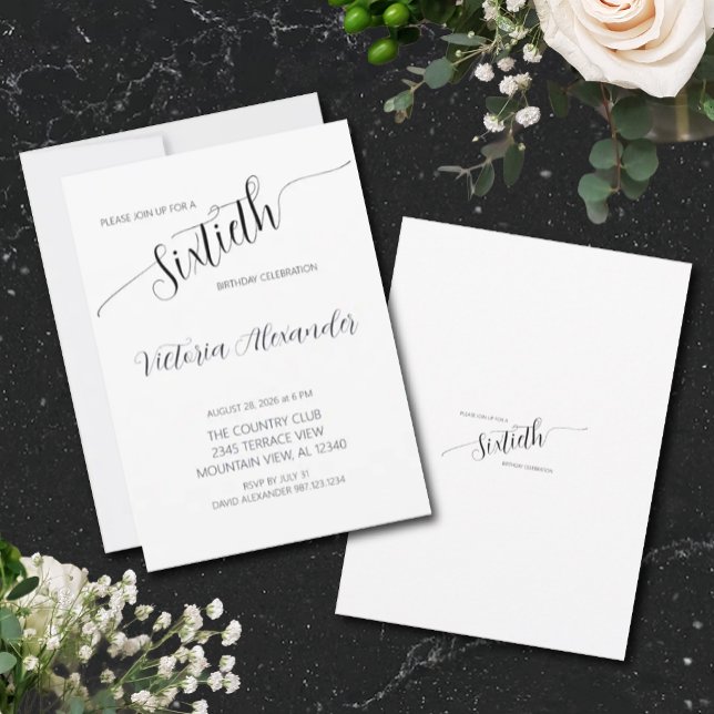 Convite Elegant Script Sixtieth Birthday Celebration (Elegant Minimal Black White Birthday Invitation)
