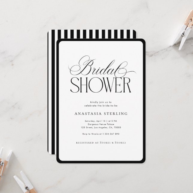 Convite Elegant Script Stripes Black & White Bridal Shower (Frente/Verso In Situ)