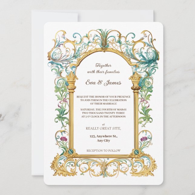 Convite Elegant Scrollwork Floral Regal Botanical Wedding (Frente)