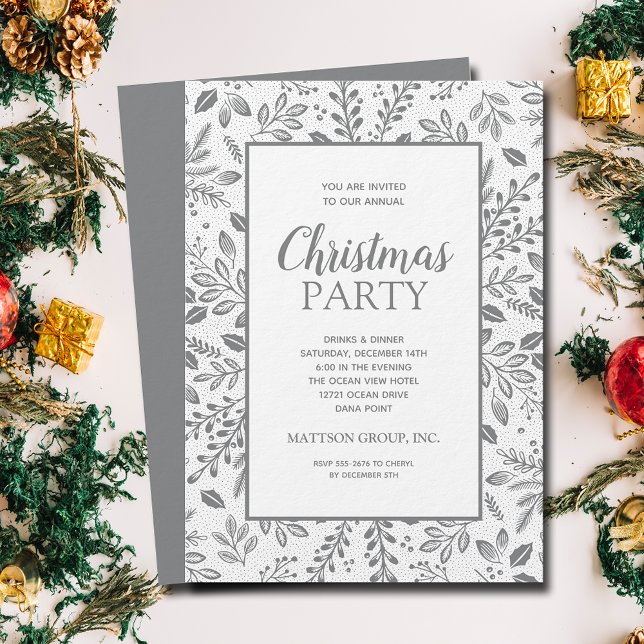 Convite Elegant Silver Botanicals Christmas Party (Silver (non-metallic) botanicals Christmas party invitations, PRINTED and/or INSTANT DOWNLOAD)