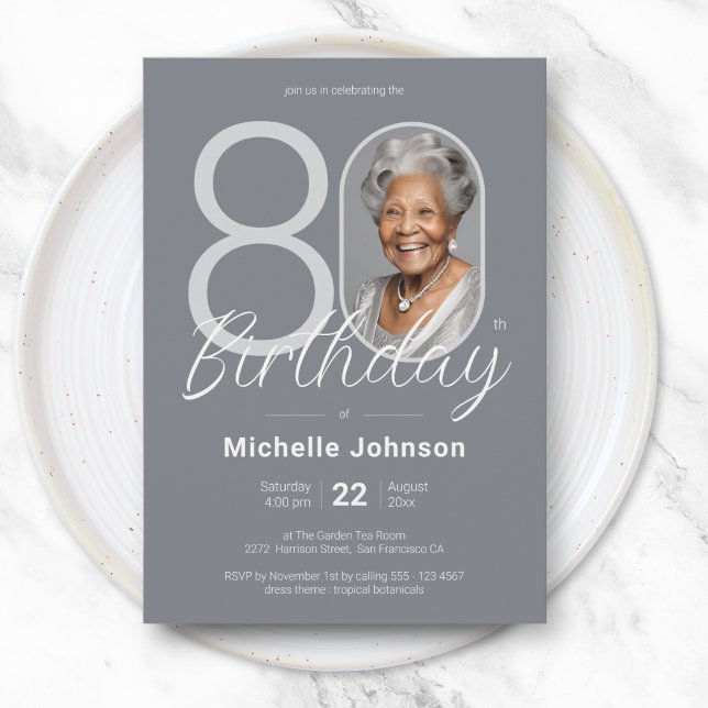 Convite Elegant Silver Custom Photo 80th Birthday (Elegant Silver Custom Photo 80th Birthday Invitation)