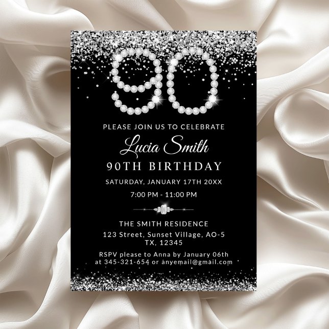Convite Elegant Silver Diamonds 90th Birthday Party (Elegant Diamonds 90th Birthday Invitation)