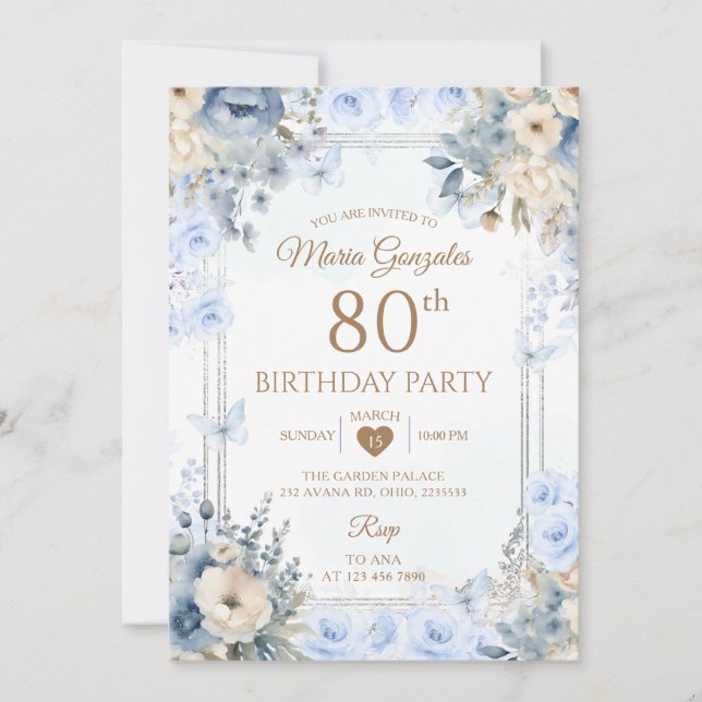 Convite Elegant Silver & Dusty Blue Roses 80th Birthday (Frente)