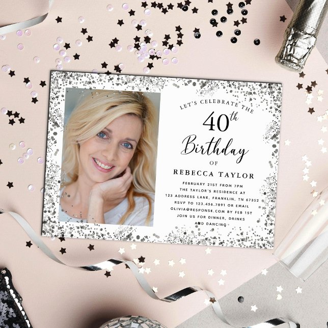 Convite Elegant Silver Glitter 40th Birthday (Criador carregado)