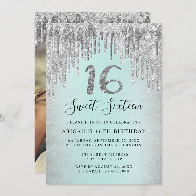 Convite Elegant silver glitter drips sweet sixteen photo (Frente/Verso)