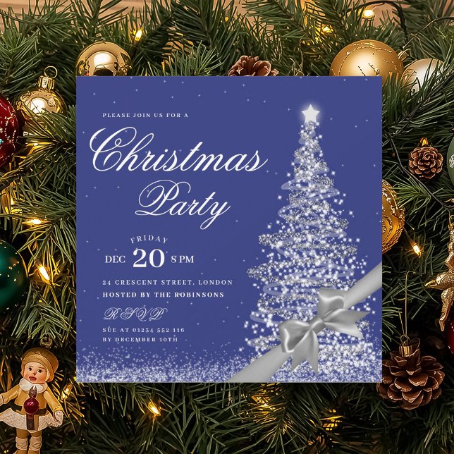 Convite Elegant Silver Navy Winter Christmas Tree Bow  (Elegant Silver Winter Christmas Tree Bow Invitation)