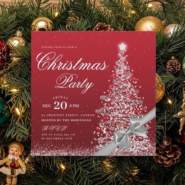 Convite Elegant Silver Red Winter Christmas Tree Bow  (Elegant Silver Red Winter Christmas Tree Bow Invitation)
