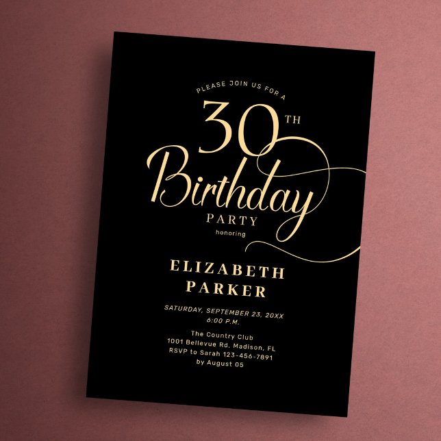 Convite Elegant Simple Black Gold Script 30th Birthday (Criador carregado)