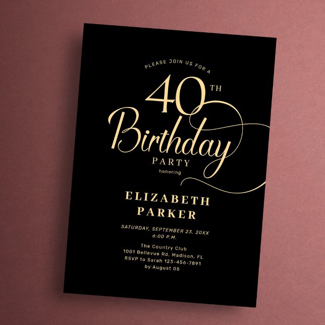 Convite Elegant Simple Black Gold Script 40th Birthday (Criador carregado)