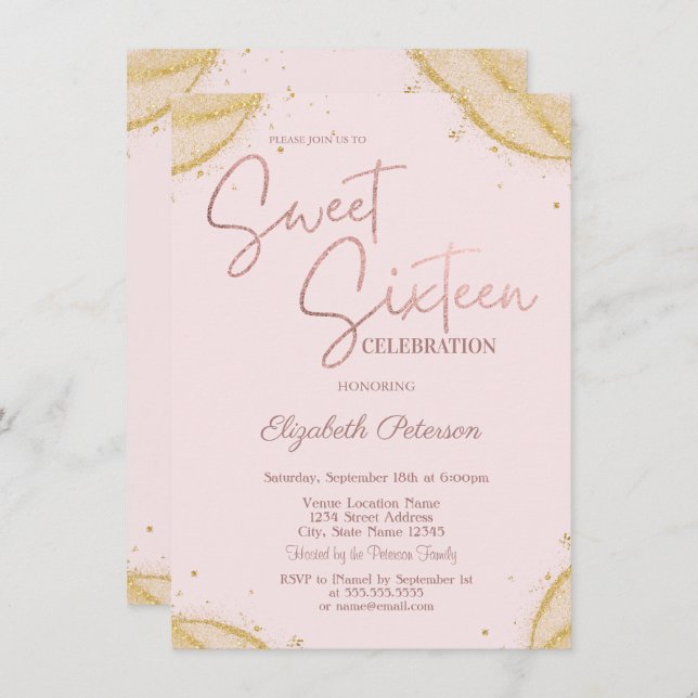 Convite Elegant Simple Gold Glitter Corners Sweet 16   (Frente/Verso)