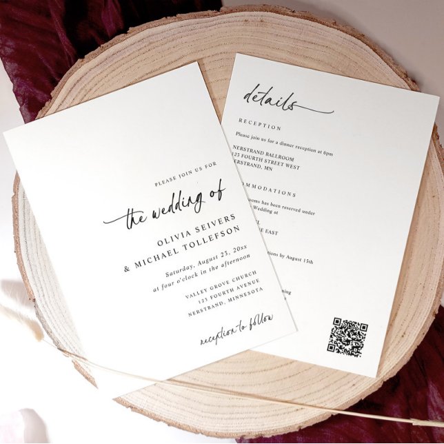 Convite Elegant Simple Handwriting All in One Wedding (Minimalist all-in-one wedding invitation with modern handwriting script and QR code on back)