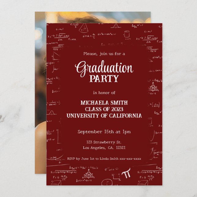 Convite Elegant Simple Maroon Photo Math Graduation (Frente/Verso)