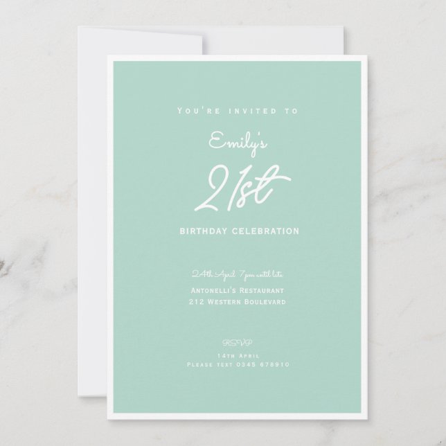 Convite Elegant Simple Mint Modern 21st Birthday Party (Frente)