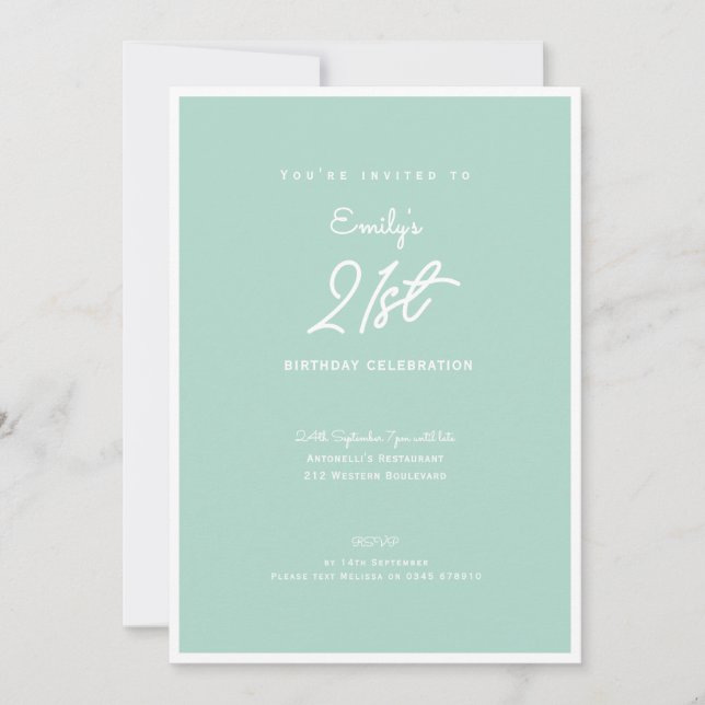 Convite Elegant Simple Modern Mint 21st Birthday Party (Frente)