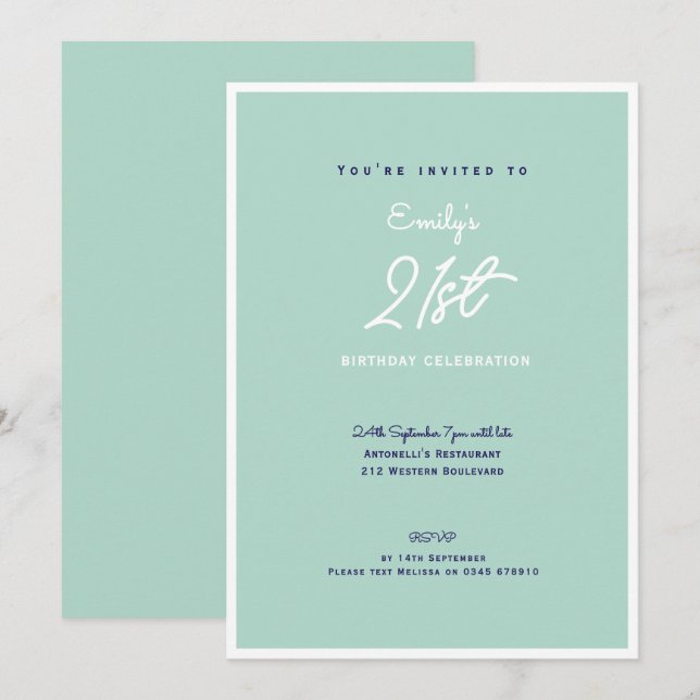 Convite Elegant Simple Modern Mint 21st Birthday Party (Frente/Verso)