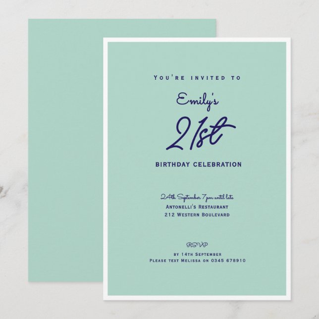 Convite Elegant Simple Modern Mint 21st Birthday Party (Frente/Verso)