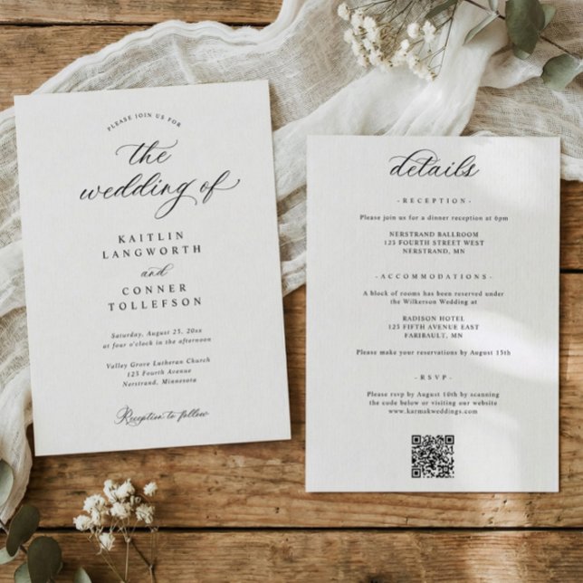 Convite Elegant Simple Old Money All in One Wedding (Classic black and white all in one wedding invitation with details and QR code on back)