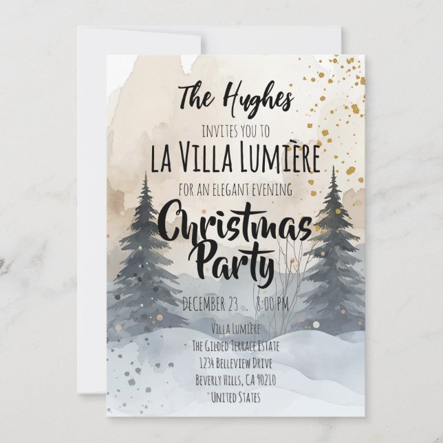 Convite Elegant Snowy Hill Pine Winter Christmas Party  (Frente)