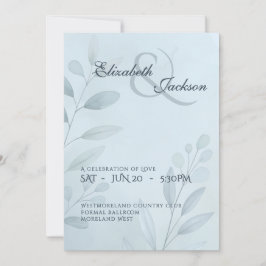Convite Elegant Soft Cool Blue Botanical Script Wedding 