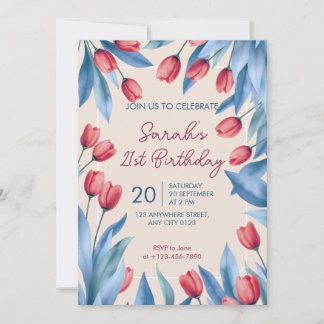 Convite Elegant Soft Floral Tulip 21st Birthday Invitation