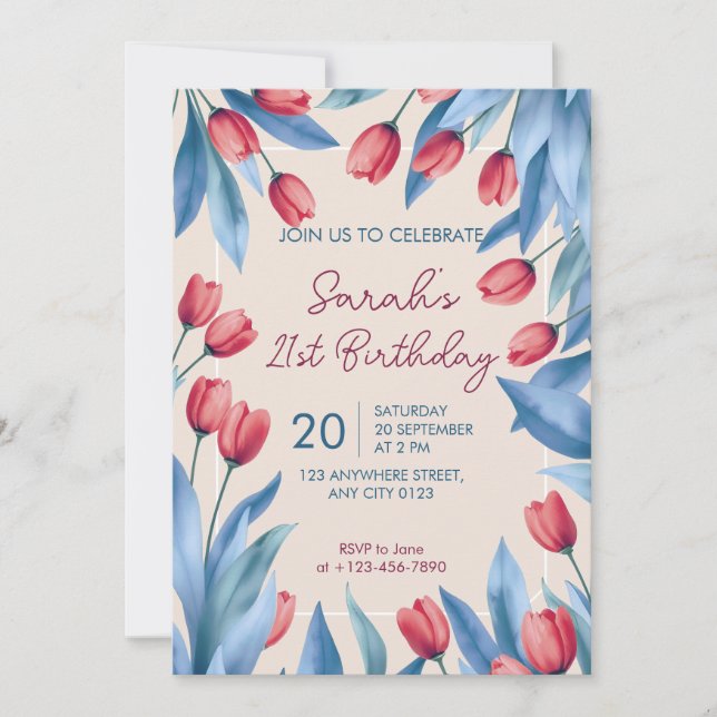 Convite Elegant Soft Floral Tulip 21st Birthday Invitation (Frente)