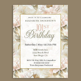 Convite Elegant Soft Pink Ivory Peony 101st Birthday