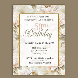 Convite Elegant Soft Pink Ivory Peony 50th Birthday