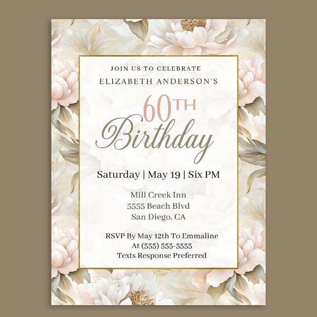 Convite Elegant Soft Pink Ivory Peony 60th Birthday  (Criador carregado)