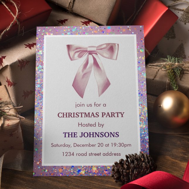 Convite Elegant Sparkling Bow Christmas Party Invitation (Criador carregado)