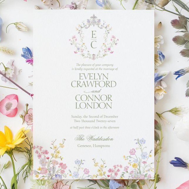 Convite Elegant Spring Summer Wildflowers Crest Wedding (Elegant Spring Summer Wildflowers Crest Wedding Invitation)