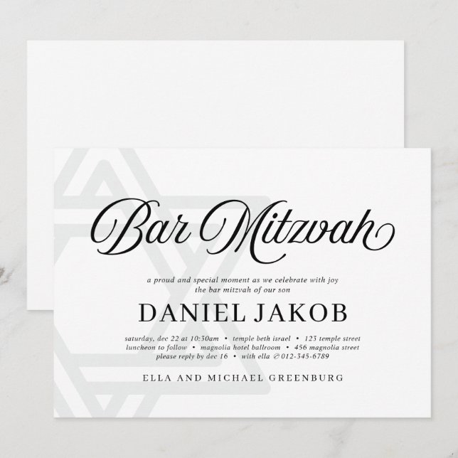 Convite Elegant Star of David Bar Mitzvah (Frente/Verso)