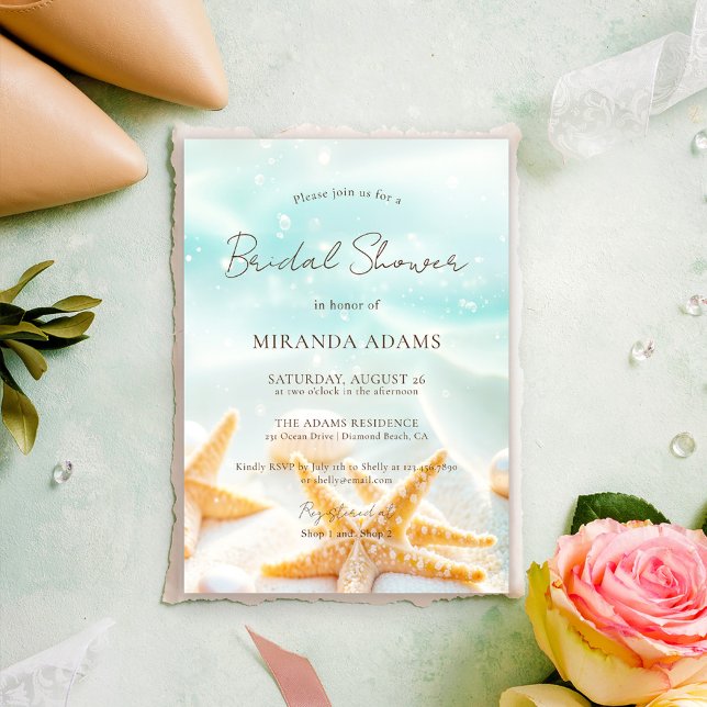 Convite Elegant Starfish Shell Ocean Beach Bridal Shower (Criador carregado)