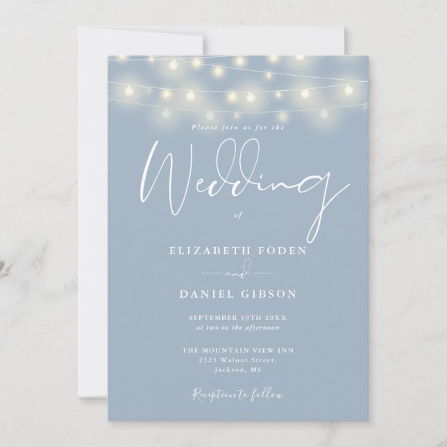 Convite Elegant String Lights Dusty Blue Wedding (Frente)