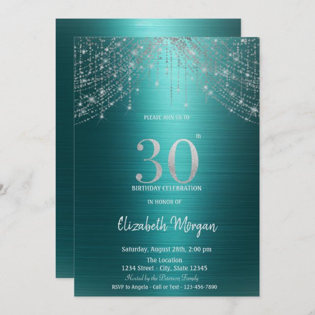 Convite Elegant String Lights Green Metallic 30th Birthday (Frente/Verso)