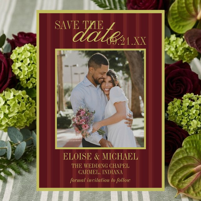 Convite Elegant Stripe Chartreuse Burgundy Save the Date (Elegant Stripe Chartreuse Burgundy Save the Date Invitation)