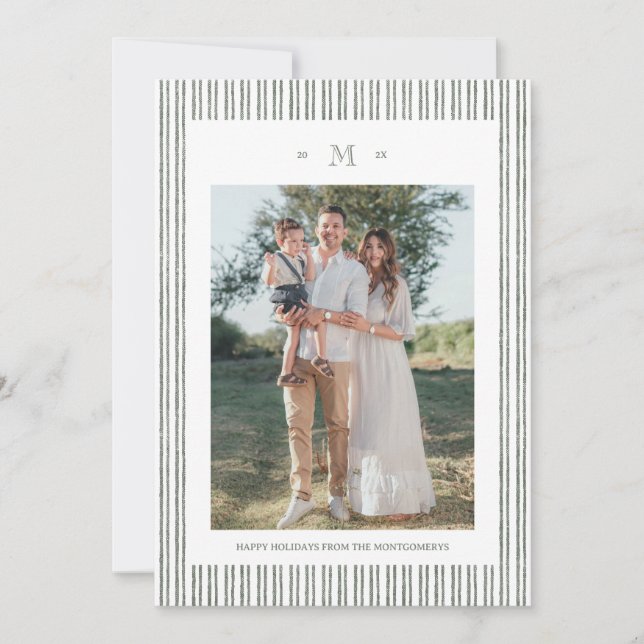Convite Elegant Striped Linen Custom Photo Holiday Card (Frente)